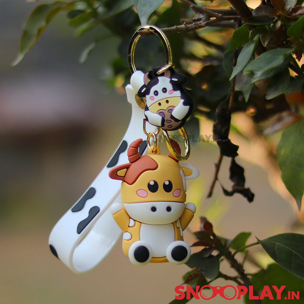 3D Cow Keychain with Lobster Clasp Hook & Charm - 2 Colour Variants