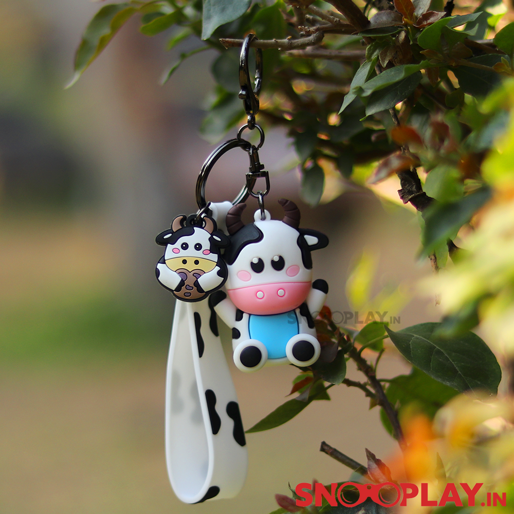 3D Cow Keychain with Lobster Clasp Hook & Charm - 2 Colour Variants