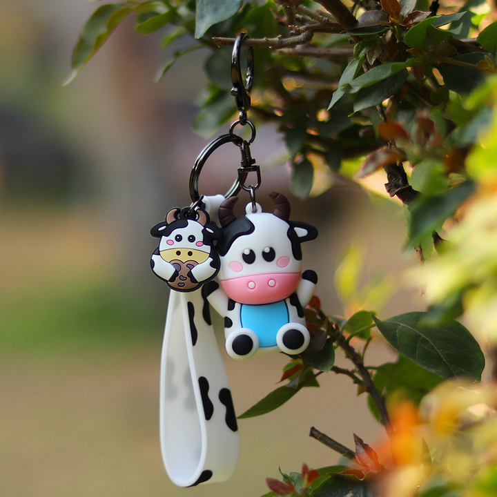 3D Cow Keychain with Lobster Clasp Hook & Charm - 2 Colour Variants