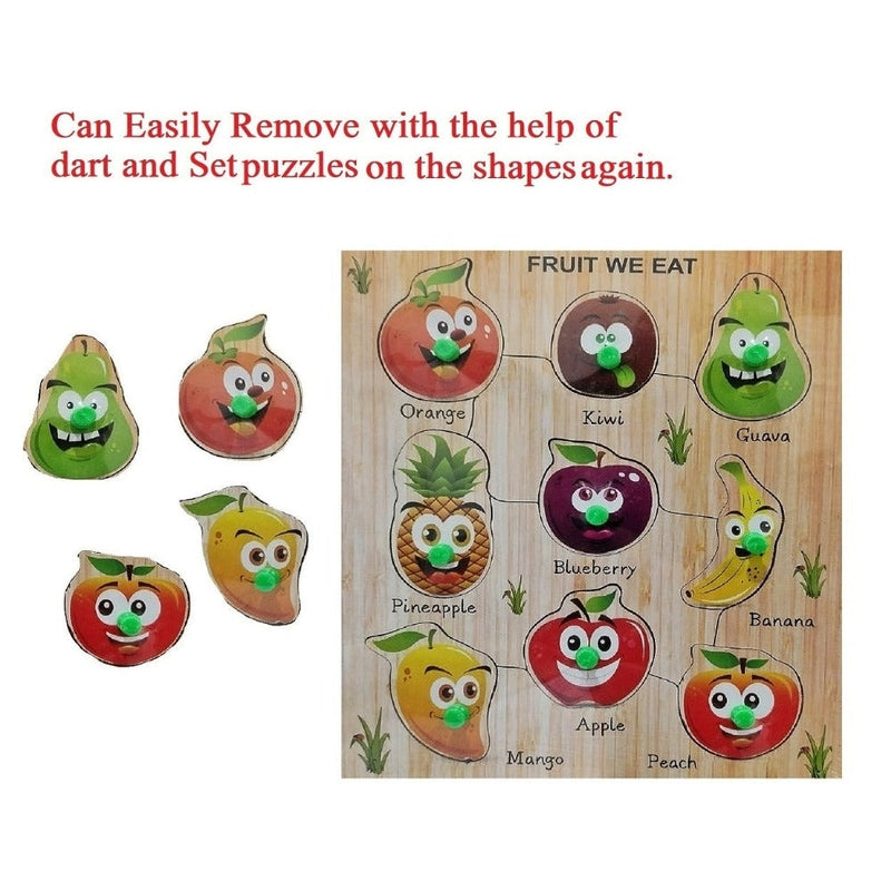 Wooden Jigsaw Puzzles Pre-school Early Learning Toy for Kids Toddlers Multicolor Fruits Name With Shapes Design-2 Educational Games