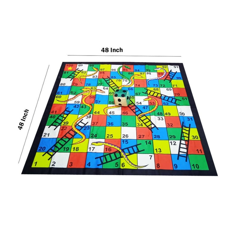 Fold-able Snake and Ladder Board Game Big Size Floor Play Mat 4 X 4 Feet with Dice 4 Inches 1 Tokens Anti-Skid Family Fun Playing Outdoor Indoor Activity