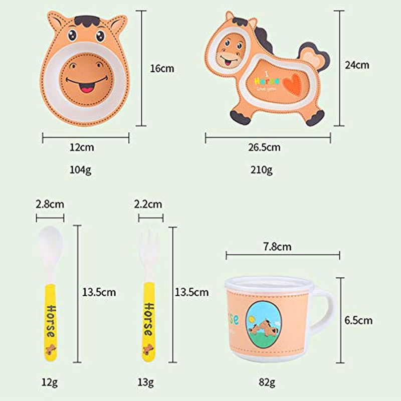 Cartoon Animal Horse Bamboo Fiber Dinnerware Plate and Bowl Set for Kids Eco Friendly Non Toxic Self Feeding Baby Utensil Set of 5 Pcs - Multicolor