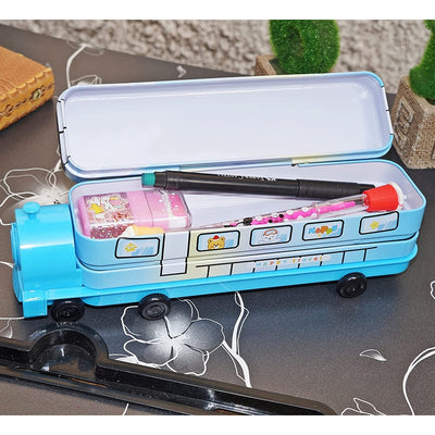 Multi-functional Metal Pencil Box Sharpener Insert Pencil Box Double Layers Stationery Item Train Engine Shape Geometry Box for Kids - Light Blue