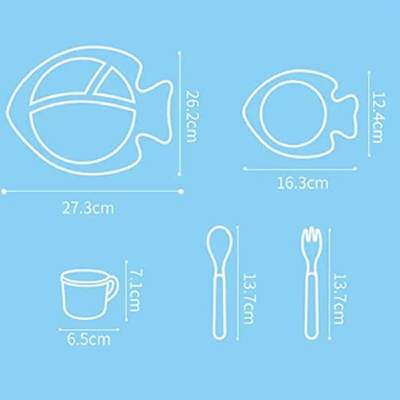 Cartoon Animal Fish Bamboo Fiber Dinnerware Plate and Bowl Set for Kids Eco Friendly Non Toxic Self Feeding Baby Utensil Set of 5 Pcs - Multicolor