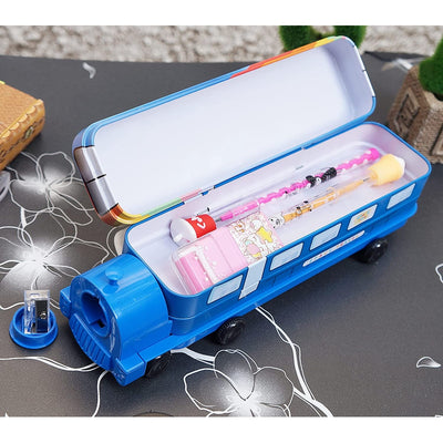 Multi-functional Metal Pencil Box Sharpener Insert Pencil Box Double Layers Stationery Item Train Engine Shape Geometry Box for Kids - Blue