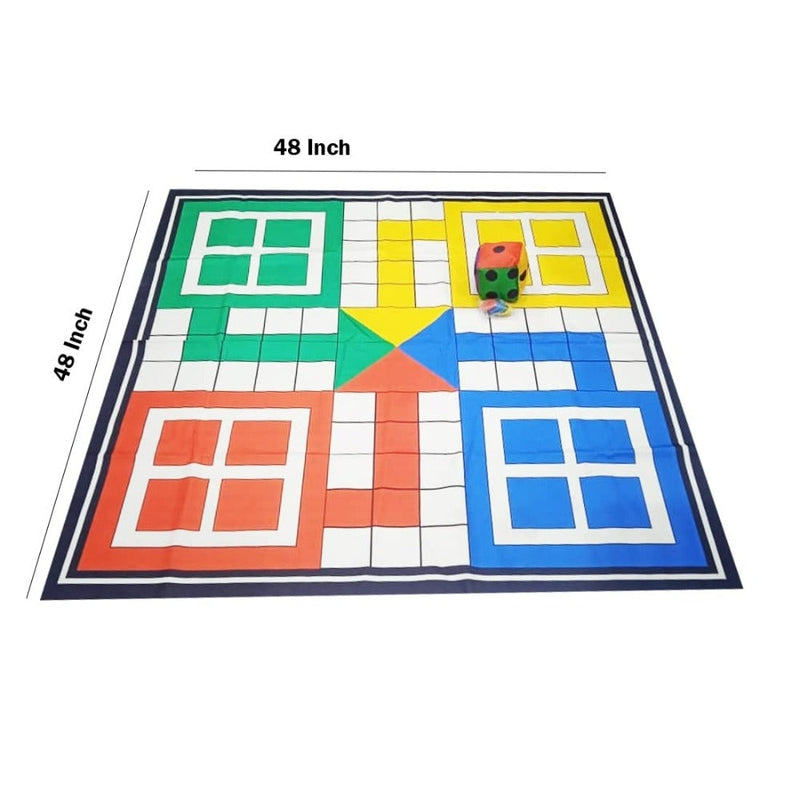 Foldable Ludo Board Game Big Size Floor Play Mat 4 X 4 Feet with Dice 4 Inches 1 Tokens Anti-Skid Family Fun Outdoor Indoor Activity Playing