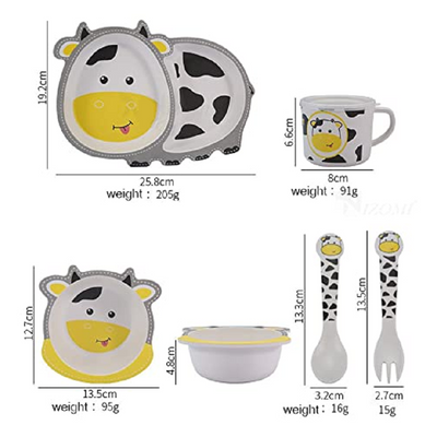 Cartoon Animal Cow Bamboo Fiber Dinnerware Plate and Bowl Set for Kids Eco Friendly Non Toxic Self Feeding Baby Utensil Set of 5 Pcs - Multicolor