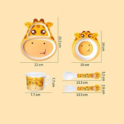 Cartoon Animal Giraffe Bamboo Fiber Dinnerware Plate and Bowl Set for Kids Eco Friendly Non Toxic Self Feeding Baby Utensil Set of 5 Pcs - Multicolor