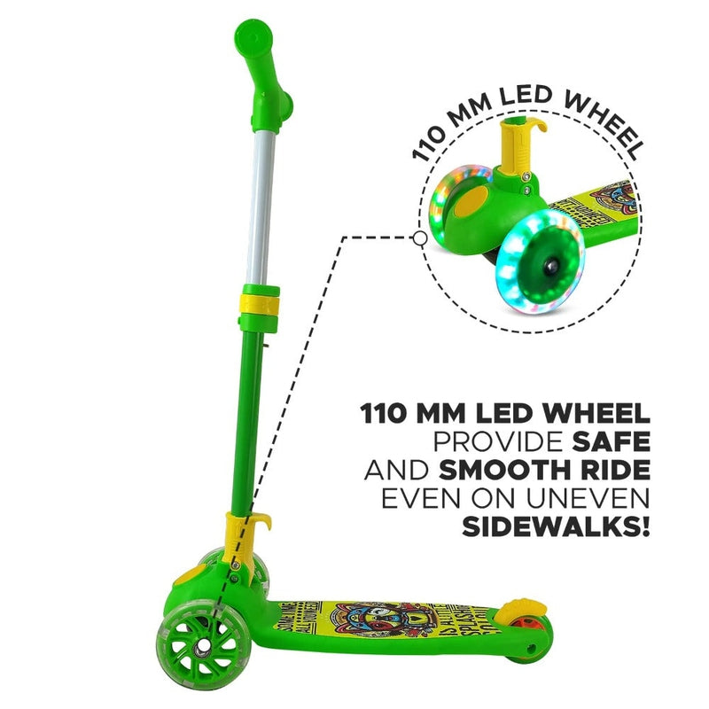 Kids Green Scooter  Adjustable & Fold-able Handle Green Printed Flashing LED Wheels Ride on Scooters