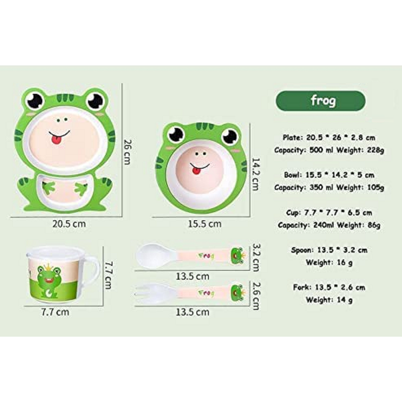 Cartoon Animal Frog Bamboo Fiber Dinnerware Plate and Bowl Set for Kids Eco Friendly Non Toxic Self Feeding Baby Utensil Set of 5 Pcs - Multicolor