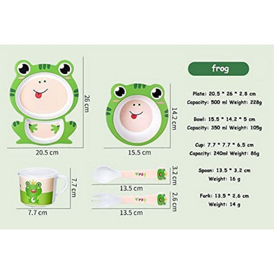 Cartoon Animal Frog Bamboo Fiber Dinnerware Plate and Bowl Set for Kids Eco Friendly Non Toxic Self Feeding Baby Utensil Set of 5 Pcs - Multicolor