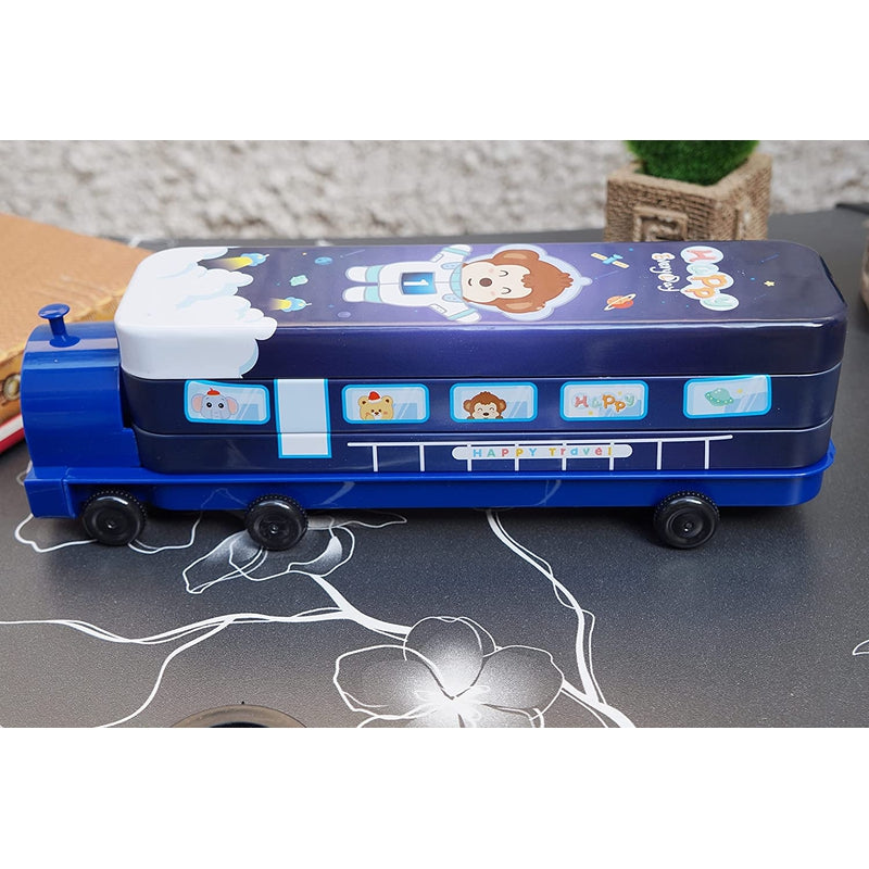 Multi-functional Metal Pencil Box Sharpener Insert Pencil Box Double Layers Stationery Item Train Engine Shape Geometry Box for Kids - Space Dark Blue