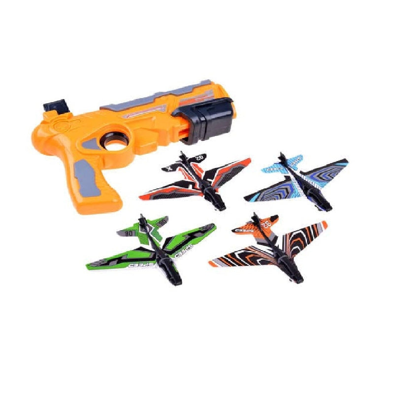 Flying Glider Planes Cardboard 4 Pcs & Launcher Shooter Gun Toy (Random Color Will Be Send)