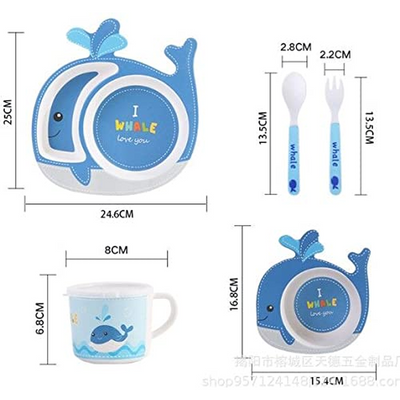 Cartoon Animal Whale Bamboo Fiber Dinnerware Plate and Bowl Set for Kids Eco Friendly Non Toxic Self Feeding Baby Utensil Set of 5 Pcs - Multicolor