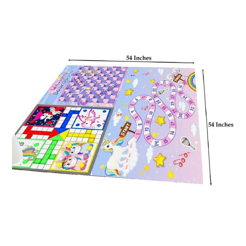 Unicorn Printed Jumbo 3 in 1 Ludo, Snake & Ladder Kids Play Mat Dice & Tokens, Reversible Big Size