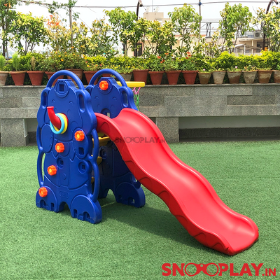 The red and blue coloured 3 in 1 jumbo elephant slide for kids with ring toss game and basketball hoop.