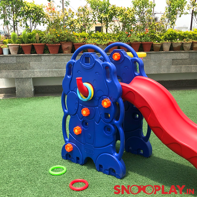 The 3 in 1 jumbo elephant indoor slide that comes with a ring toss hook on the side along with the rings and a basket hoop on the other side.