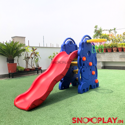 3 in 1 jumbo elephant slide that comes with ladders and ring toss hook.