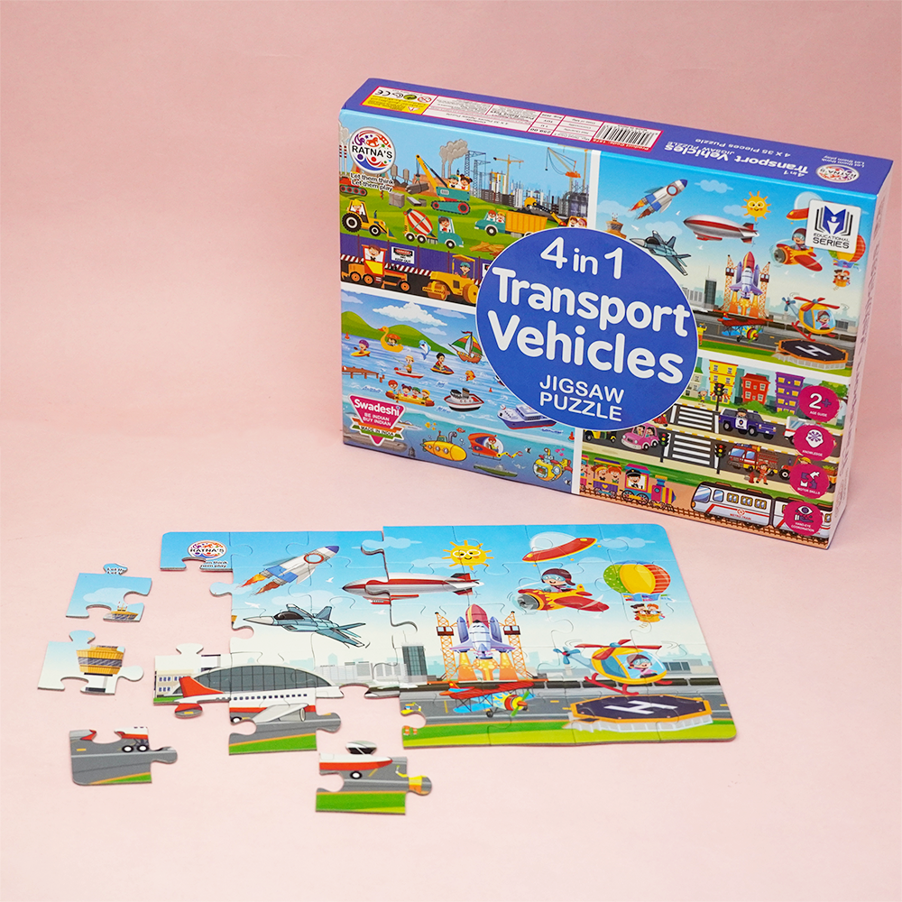 The 4 in 1 Transport Puzzle improves your kid's knowledge about the various transport and construction vehicles that carry our economy
