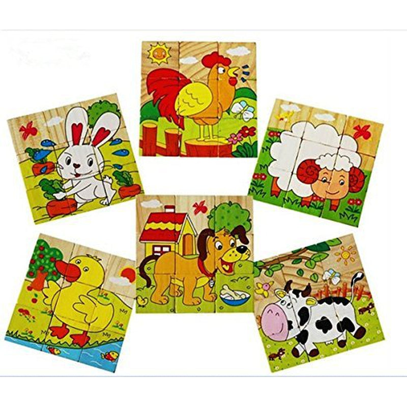 3D 6 Face Farm Animals Wooden Cube Jigsaw Puzzle (1-2 Years)