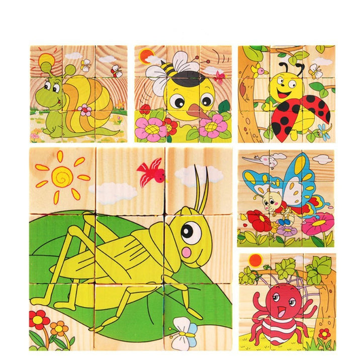 3D 6 Face Animal Block Puzzle 6 in 1 Wooden Cube Jigsaw Toys (Insects)