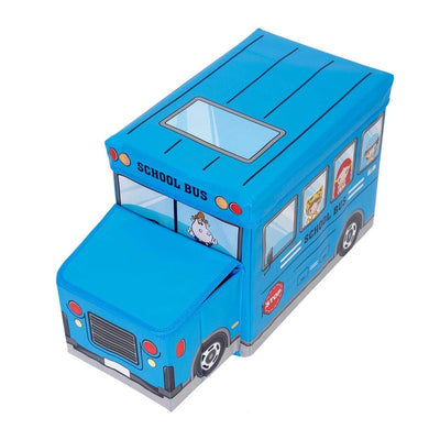 Portable Folding School Bus Laundry Orgainzer Cum Sitting Stool for Kid Toys, Games, Books Blue Storage Box Multipurpose Uses