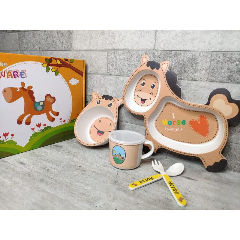 Cartoon Animal Horse Bamboo Fiber Dinnerware Plate and Bowl Set for Kids Eco Friendly Non Toxic Self Feeding Baby Utensil Set of 5 Pcs - Multicolor