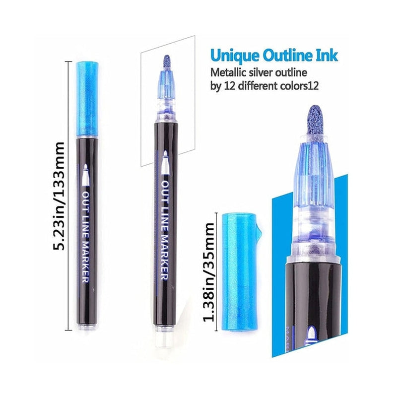 Marker Pen 12 Colors Double Outline Metallic Glitter Waterproof Marker Pens Make Drawing/Greeting Cards/Art & Craft