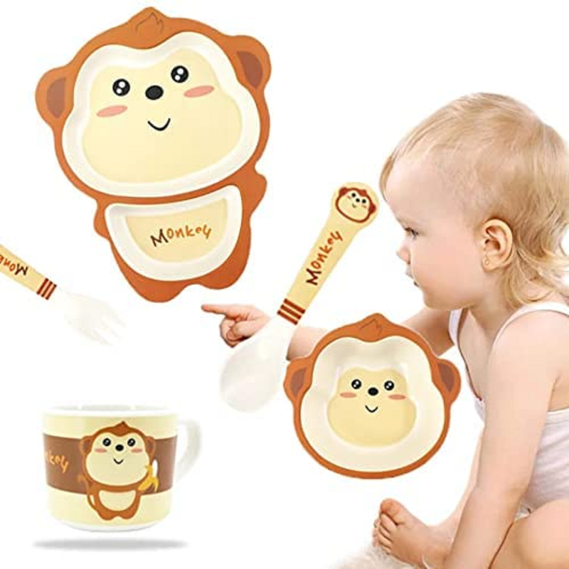 Cartoon Animal Turtle Bamboo Fiber Dinnerware Plate and Bowl Set for Kids Eco Friendly Non Toxic Self Feeding Baby Utensil Set of 5 Pcs - Multicolor