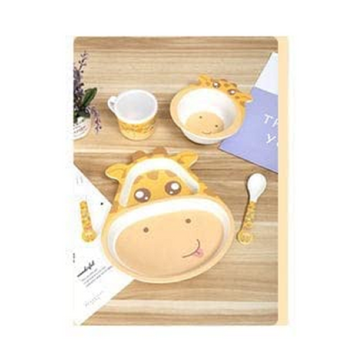 Cartoon Animal Giraffe Bamboo Fiber Dinnerware Plate and Bowl Set for Kids Eco Friendly Non Toxic Self Feeding Baby Utensil Set of 5 Pcs - Multicolor