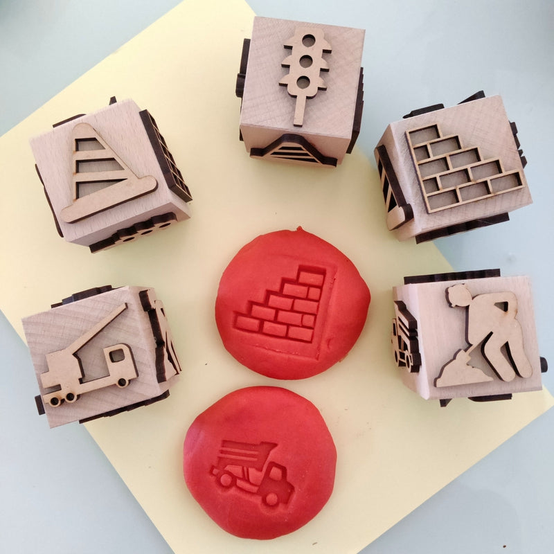 Construction Theme Wooden Play-Dough Stamp Cube for Kids |  Set of 1