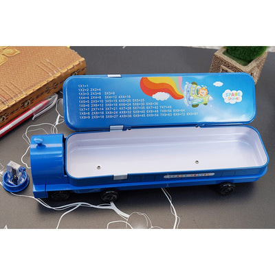 Multi-functional Metal Pencil Box Sharpener Insert Pencil Box Double Layers Stationery Item Train Engine Shape Geometry Box for Kids - Blue