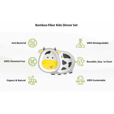 Cartoon Animal Cow Bamboo Fiber Dinnerware Plate and Bowl Set for Kids Eco Friendly Non Toxic Self Feeding Baby Utensil Set of 5 Pcs - Multicolor