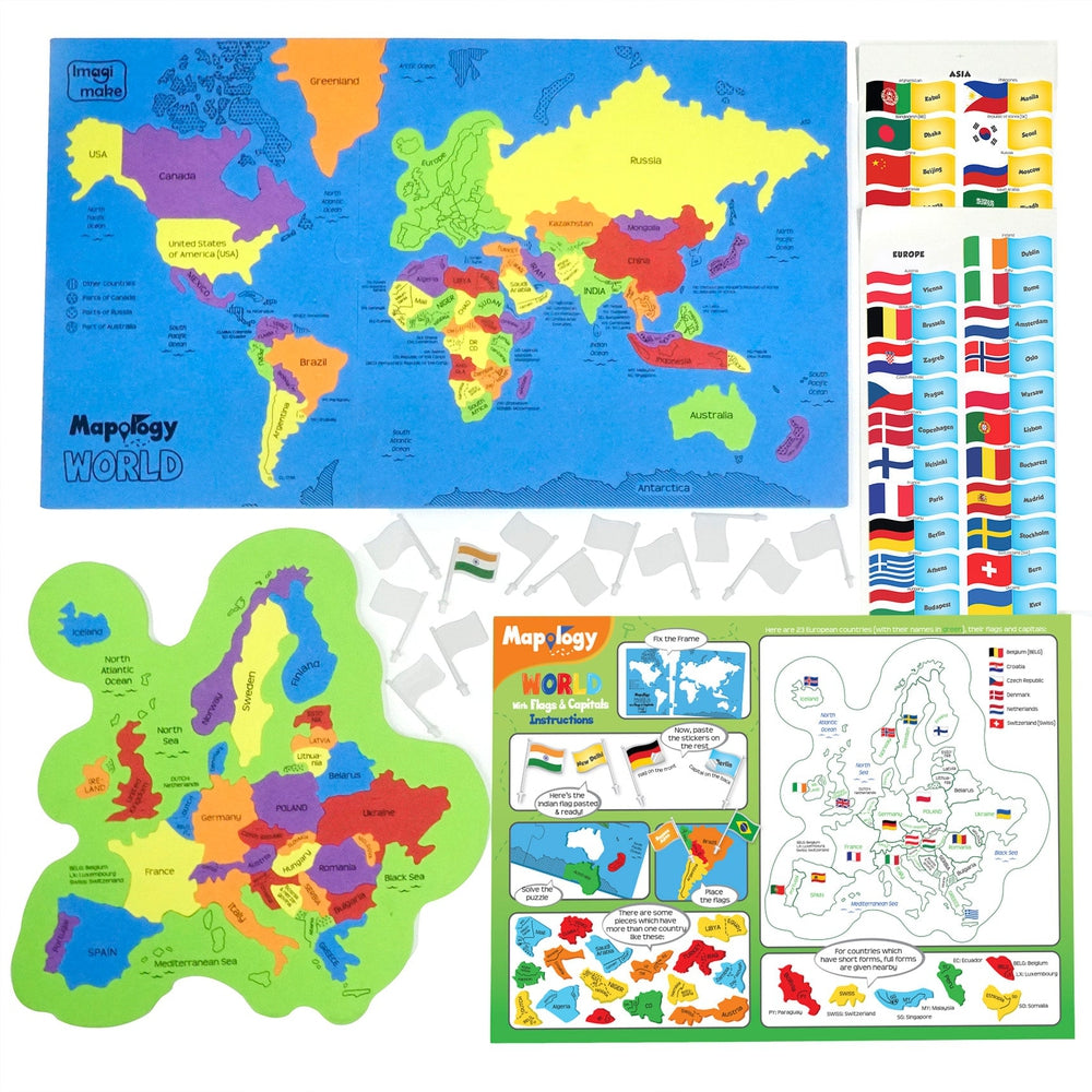 Mapology Combo: Map Puzzle of India and World with Capitals and Flags of Country