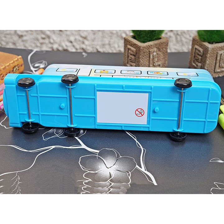 Multi-functional Metal Pencil Box Sharpener Insert Pencil Box Double Layers Stationery Item Train Engine Shape Geometry Box for Kids - Light Blue