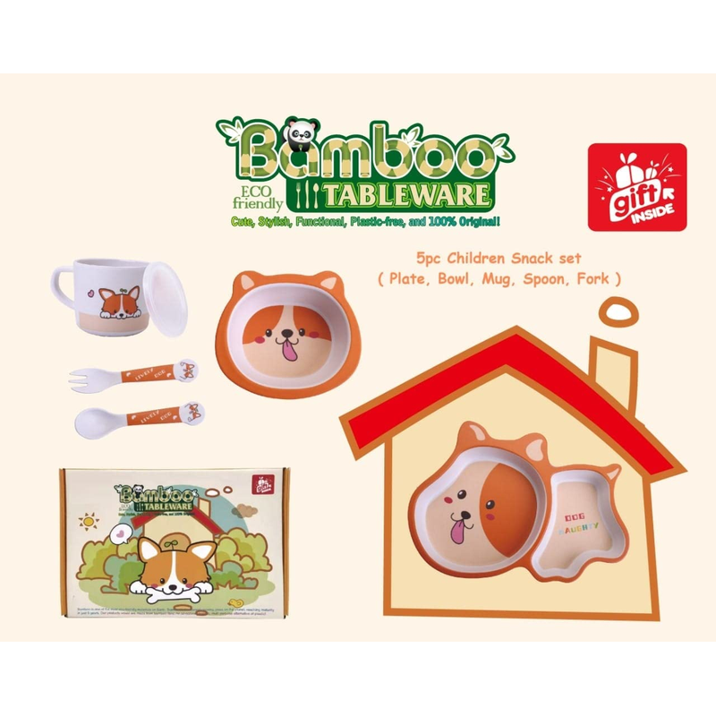 Cartoon Animal Puppy Bamboo Fiber Dinnerware Plate and Bowl Set for Kids Eco Friendly Non Toxic Self Feeding Baby Utensil Set of 5 Pcs - Multicolor