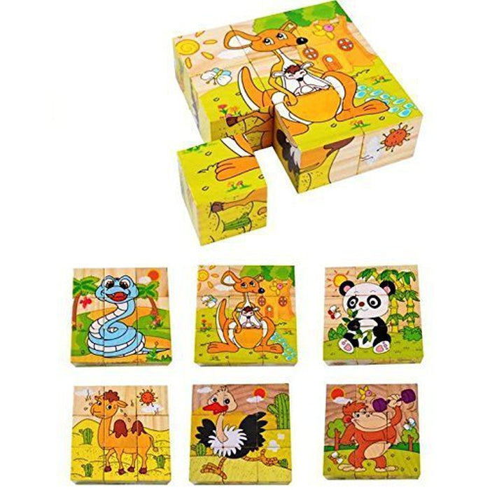 3D 6 Face Animal Block Puzzle 6 in 1 Wooden Cube Jigsaw Toys (Funny Animals)