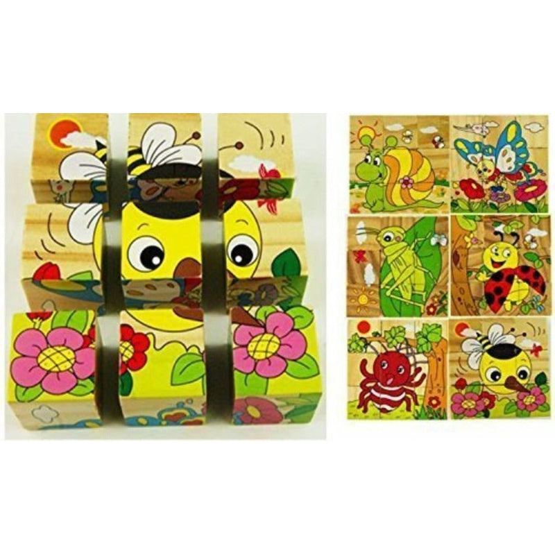 3D 6 Face Animal Block Puzzle 6 in 1 Wooden Cube Jigsaw Toys (Insects)