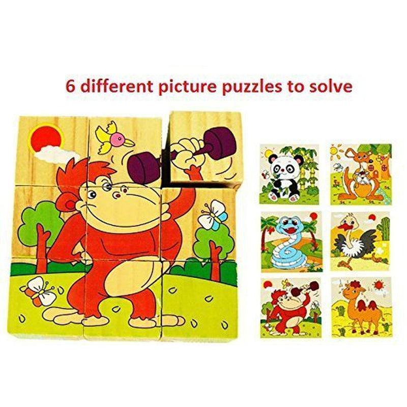 3D 6 Face Animal Block Puzzle 6 in 1 Wooden Cube Jigsaw Toys (Funny Animals)