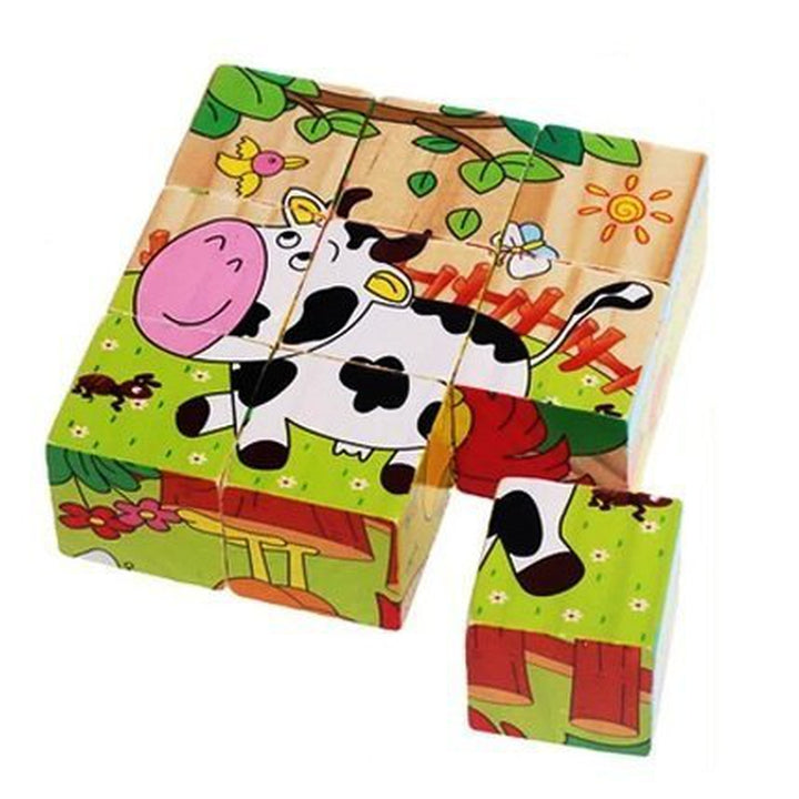 3D 6 Face Animal Block Puzzle 6 in 1 Wooden Cube Jigsaw Toys (Farm Animals)