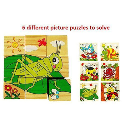 3D 6 Face Animal Block Puzzle 6 in 1 Wooden Cube Jigsaw Toys (Insects)