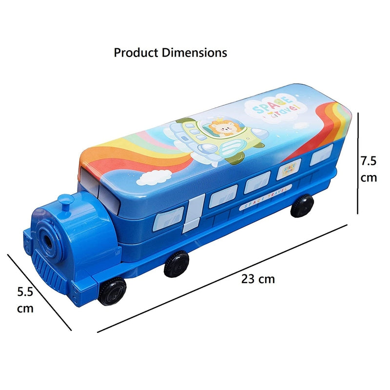 Multi-functional Metal Pencil Box Sharpener Insert Pencil Box Double Layers Stationery Item Train Engine Shape Geometry Box for Kids - Blue