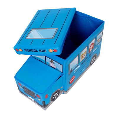 Portable Folding School Bus Laundry Orgainzer Cum Sitting Stool for Kid Toys, Games, Books Blue Storage Box Multipurpose Uses