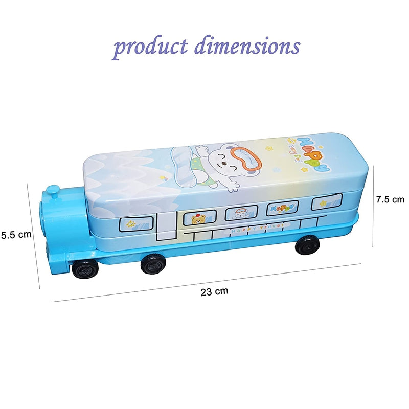 Multi-functional Metal Pencil Box Sharpener Insert Pencil Box Double Layers Stationery Item Train Engine Shape Geometry Box for Kids - Light Blue