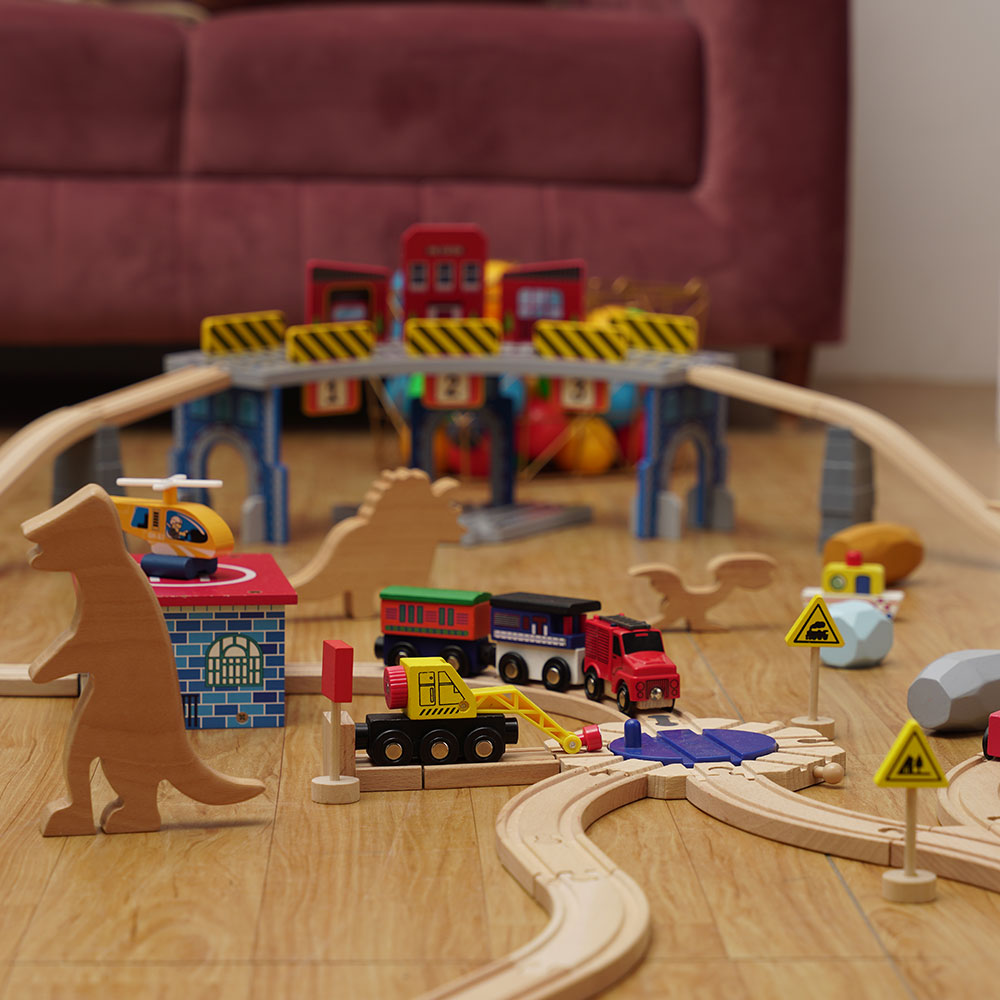 The Dino Land- Complete Set Including(1 Crane|47Tracks|6Dinosaurs|7Stones|6Signals|3Trains |2 Bridge|6Plastic Attachment|1Helicopter|1Helicopter Pad|1Fire Extinguisher|1 Jeep |1Car|1Boat)