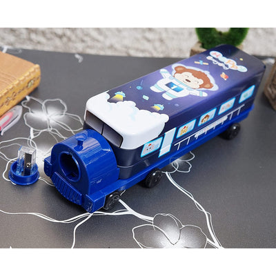 Multi-functional Metal Pencil Box Sharpener Insert Pencil Box Double Layers Stationery Item Train Engine Shape Geometry Box for Kids - Space Dark Blue