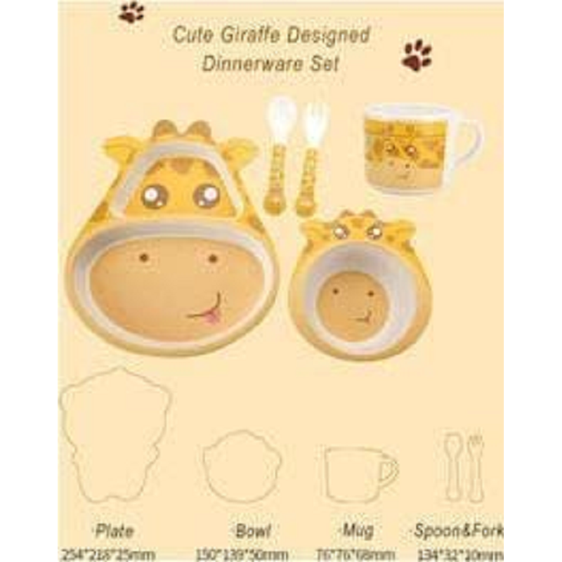 Cartoon Animal Giraffe Bamboo Fiber Dinnerware Plate and Bowl Set for Kids Eco Friendly Non Toxic Self Feeding Baby Utensil Set of 5 Pcs - Multicolor