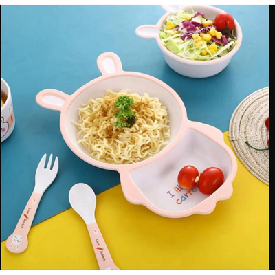 Cartoon Animal Monkey Bamboo Fiber Dinnerware Plate and Bowl Set for Kids Eco Friendly Non Toxic Self Feeding Baby Utensil Set of 5 Pcs - Multicolor