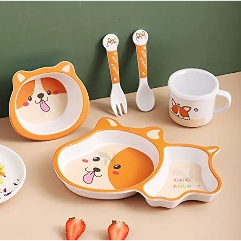 Cartoon Animal Puppy Bamboo Fiber Dinnerware Plate and Bowl Set for Kids Eco Friendly Non Toxic Self Feeding Baby Utensil Set of 5 Pcs - Multicolor