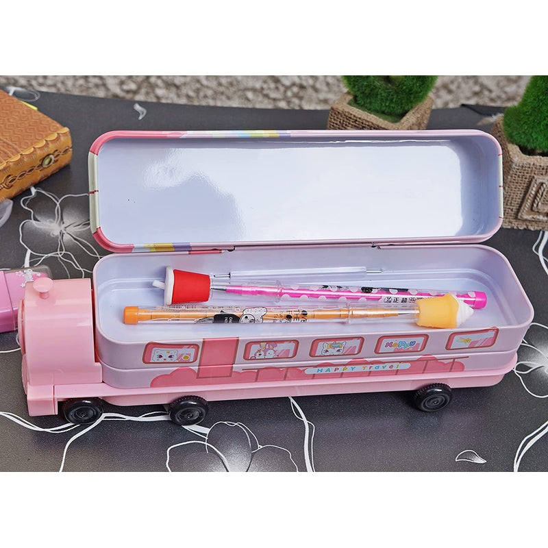 Multi-functional Metal Pencil Box Sharpener Insert Pencil Box Double Layers Stationery Item Train Engine Shape Geometry Box for Kids - Pink